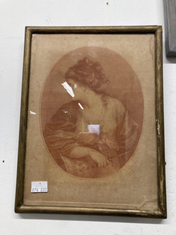18th cent. Prints: Red aqua tints, Angelica Kauffman 'Comedy' and possibly 'Tragedy'. Framed and - Image 3 of 4