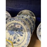 Chinese Export Ware: Blue and white plates depicting willow decoration x 3, plus one other similar