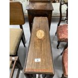 19th cent. Mahogany Sutherland table with inlaid central motif, plus an oak pot cupboard.