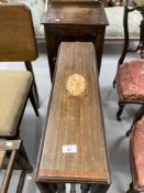 19th cent. Mahogany Sutherland table with inlaid central motif, plus an oak pot cupboard.