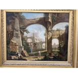 18th cent. English school oil on canvas in the Grand Tour style of neoclassical ruins. Printed label