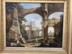 18th cent. English school oil on canvas in the Grand Tour style of neoclassical ruins. Printed label