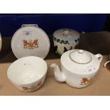 20th cent. Gladstone China crested ware teapot on stand and sugar bowl decorated with the Welsh