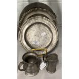18th/19th cent. Pewter: Hot water plate, baluster shape pewter ale or wine measure from Fish and