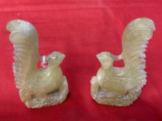 20th cent. Yellow jadeite carved long tailed birds, a pair.