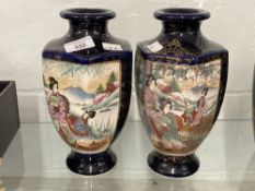 Ceramics: 19th cent. Japanese Satsuma vases, cobalt blue ground decorated with Geishas panels.