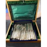 Hallmarked Silver & Mother of Pearl: Dessert set knives x 12 and forks, Walker & Hall, Sheffield