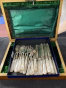 Hallmarked Silver & Mother of Pearl: Dessert set knives x 12 and forks, Walker & Hall, Sheffield