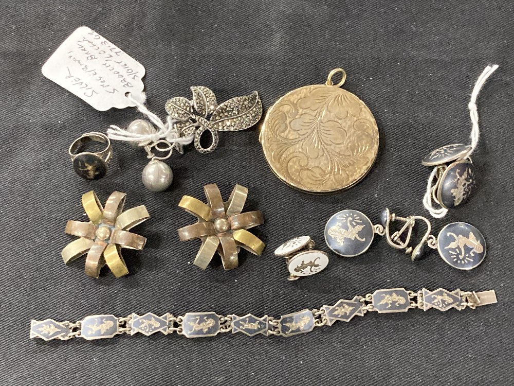 Hallmarked Silver: Five pairs of earrings, one ring, one brooch, one bracelet, and one silver gilt