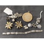 Hallmarked Silver: Five pairs of earrings, one ring, one brooch, one bracelet, and one silver gilt