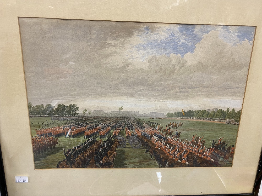 19th cent. Militaria: Coloured oilographs Queen Victoria inspecting the troops and a cavalry parade. - Image 2 of 2