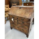 18th/19th cent. Walnut banded drop front bureau, fitted interior, on bracket feet and swan neck