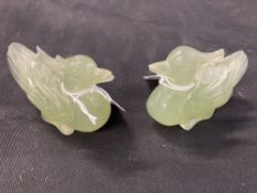 Green jadeite carved geese, a pair. Height 3ins.