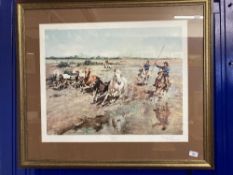 Prints c1973: Terence Cuneo "Carmargue Round-up", signed in pencil lower right. Framed and glazed