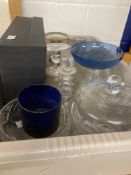 20th cent. Glass: Six whisky glasses by Thomas Webb, boxed. Three ring neck sherry decanter with