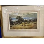 19th cent. English School: Gouche on canvas card, Hay stacks. 16ins. x 9ins.