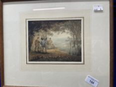 William Payne (c1760-1830): 'Figures on a Hillside, Extensive Landscape Beyond'. Approx. 4¾ins. x