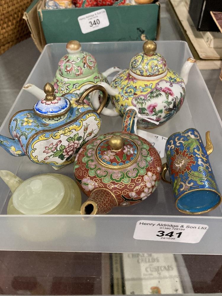 Late 19th early 20th cent. Cloisonné miniature teapots (3), miniature ceramic Cantonese teapots 2 x,