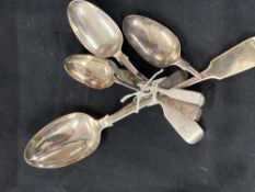 Hallmarked Silver: Spoons Old English pattern, one basting spoon 2 dessert, 1 table spoon and scrap.