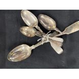 Hallmarked Silver: Spoons Old English pattern, one basting spoon 2 dessert, 1 table spoon and scrap.