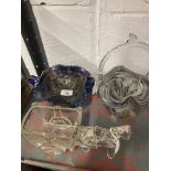 20th cent. Glassware: Pony and cart flower holder, end of day basket, blue carnival glass stemmed