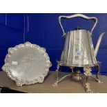 19th cent. E. P. Spirit kettle on stand plus plated salver with gadrooned edge on supports.