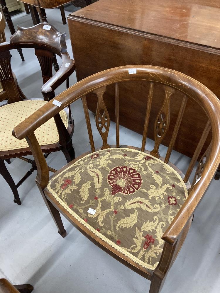 Edwardian inlaid corner salon chairs. (3)