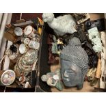 20th cent. Oriental Buddha and other figure, composite plasterstone and ceramic. Plus cups and