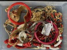 Mid 20th cent. Fashion Jewellery: Red, black and white yellow metal necklaces, bangles and yellow