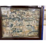 17th cent. Needlework restoration c1660-1680. Rural study with figures, animals and a castle.