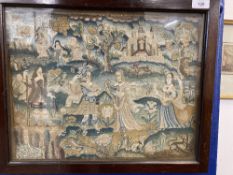 17th cent. Needlework restoration c1660-1680. Rural study with figures, animals and a castle.