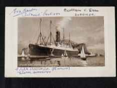 R.M.S. TITANIC: SS Carpathia postcard signed by Titanic survivors Eva Hart, Bertram Dean & Edith