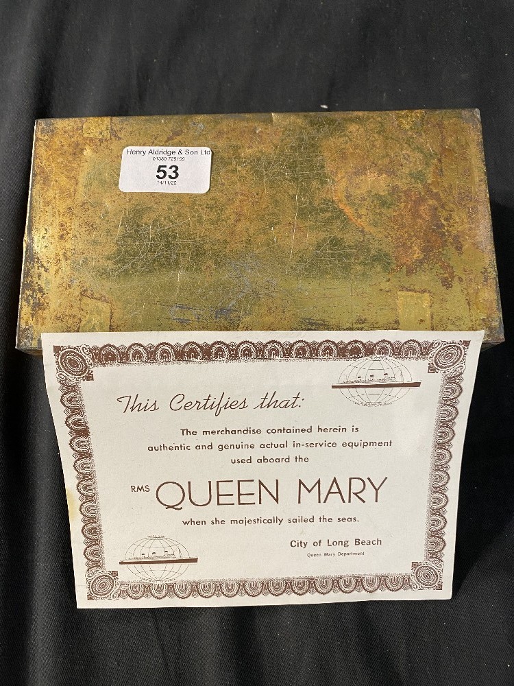 R.M.S. QUEEN MARY: Unopened lifeboat/raft rations tin believed unused from Queen Mary with