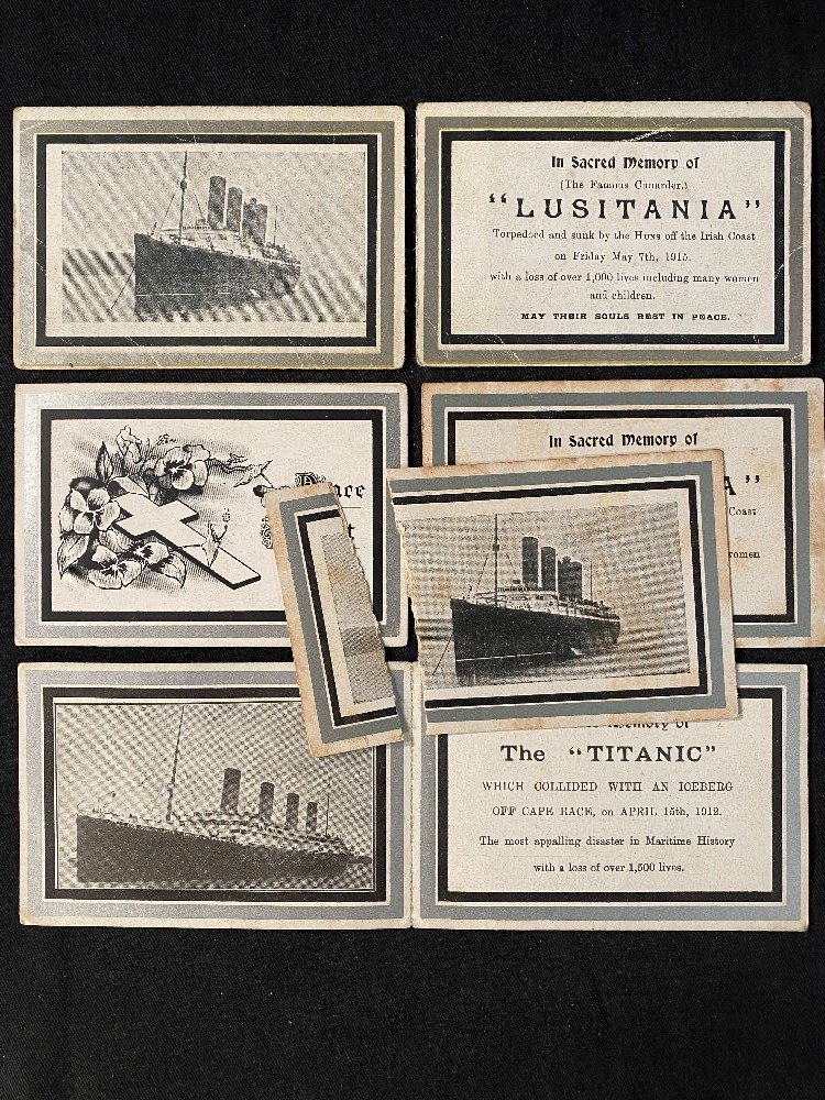 R.M.S. TITANIC/LUSITANIA: A group of six mourning cards (1 A/F).