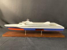 MARITIME: Composite desk top model of a five speed ferry on a treen base.