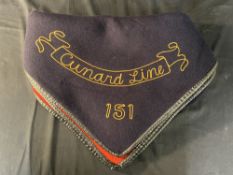 OCEAN LINER: Blue ground reversible steamer blanket embossed Cunard Line 151 corner. 59ins.