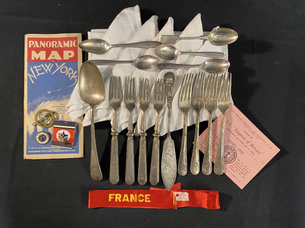 OCEAN LINER: Mixed lot to include Union Castle flatware, France gala night ribbon, Empress of