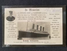 R.M.S. TITANIC: Tom Harvey Redruth In Memoriam Titanic postcard, signed by survivor Eva Hart.