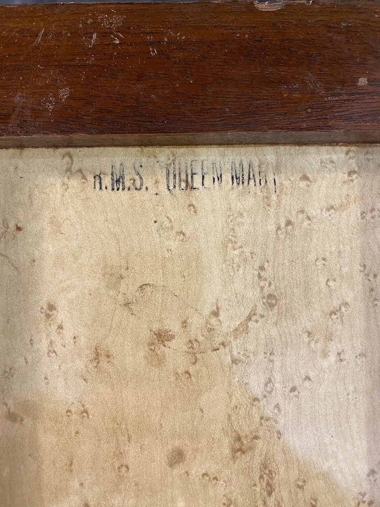 CUNARD: Art deco faux maple waste paper bin, stamp on base R.M.S. Queen Mary. - Image 2 of 2