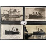 R.M.S. TITANIC: Post-sinking Titanic postcards (3) and one Harland Wolff gantry postcard. All four