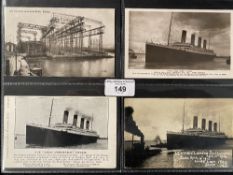 R.M.S. TITANIC: Post-sinking Titanic postcards (3) and one Harland Wolff gantry postcard. All four