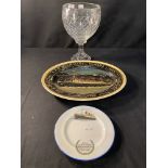 OCEAN LINER: R.M.S. Queen Mary souvenirs to include: side plate, Queen Mary Alfred Meakin meat oval.