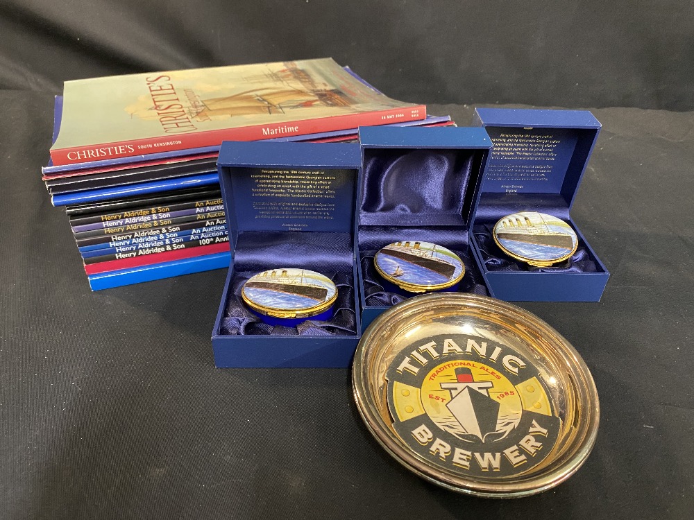 R.M.S. TITANIC: Four ceramic novelty pill boxes (three boxed) plus a collection of auction &