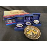 R.M.S. TITANIC: Four ceramic novelty pill boxes (three boxed) plus a collection of auction &