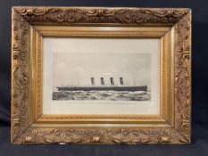 R.M.S. MAURETANIA: Period lithograph showing the liner at sea, plus three original Titanic