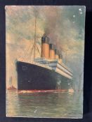 R.M.S. TITANIC: Rare oversized Fred Pansing advertising oilette of Titanic/Olympic. Fred Pansing was