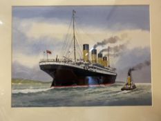 R.M.S. TITANIC: 20th cent. English school, C.J. Alford watercolour Titanic on Trials. Framed and