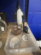 Art Glass: Murano blue and white glass penguin, blue glass snail, clear glass frog unsigned,