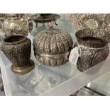 Chinese white metal tests 800 standard, repousse pot with floral finial 4ins. x 4¼ins. Plus two