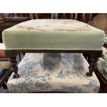 19th cent. Two large mahogany footstools with floral cushioned upholstery.